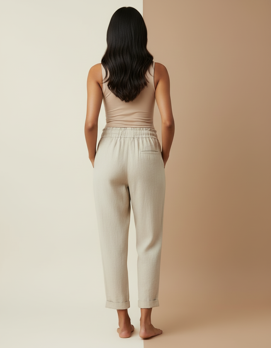 Pantalon Beige Lin Ample Cordon Décontracté Femme - vue 2