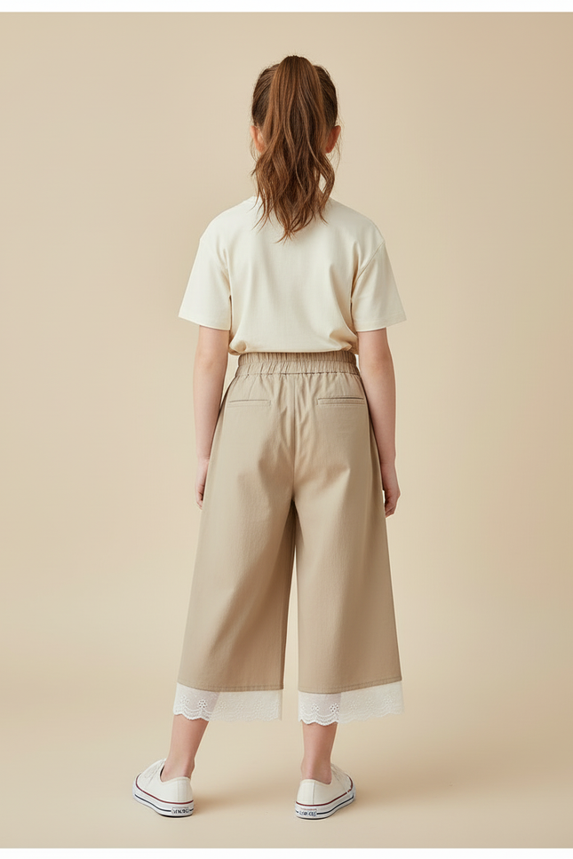 Pantalon Beige Fille Ample Plissé Dentelle Décontracté - Gabardine - vue 2