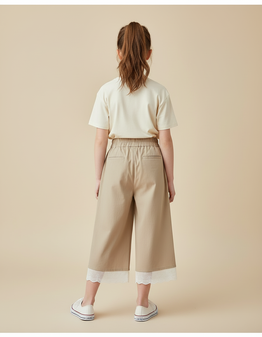 Pantalon Beige Fille Ample Plissé Dentelle Décontracté - Gabardine - vue 2