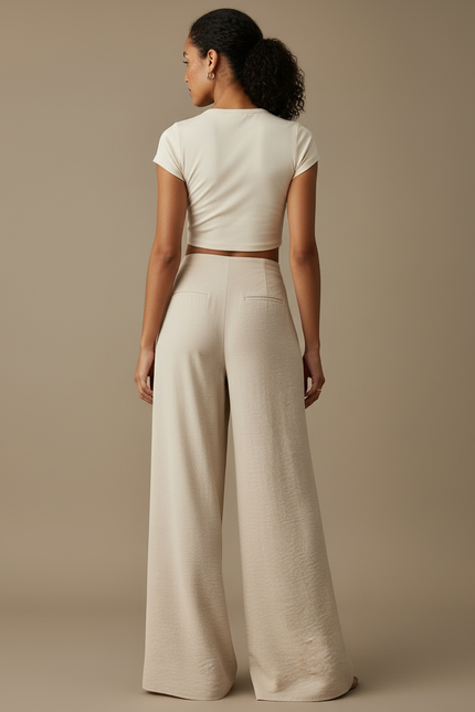 Pantalon Beige Fluide Ample Boutons Décontracté - Viscose - vue 2