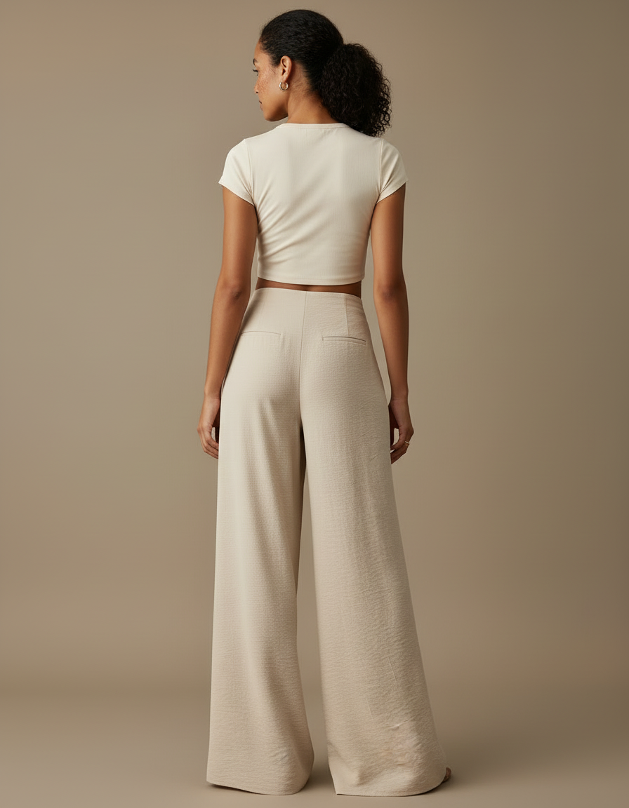 Pantalon Beige Fluide Ample Boutons Décontracté - Viscose - vue 2