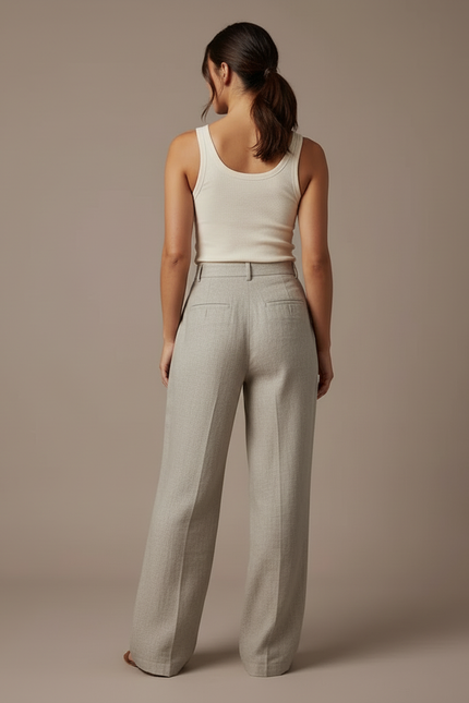 Pantalon Beige Large Fluide Lin Élégant Femme - Gris - vue 2
