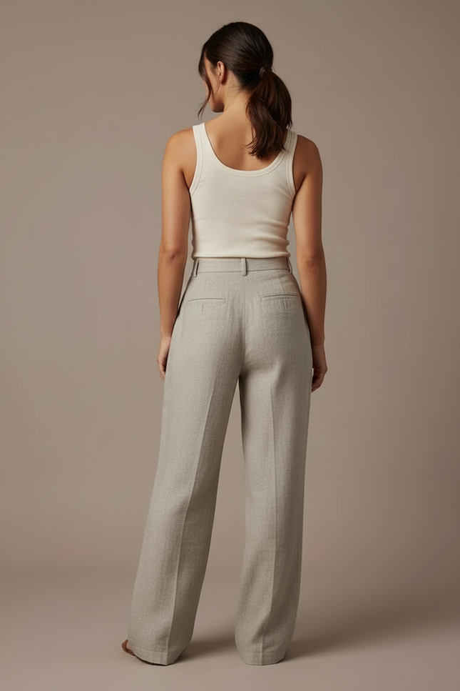 Pantalon Beige Large Fluide Lin Élégant Femme - Gris - vue 2