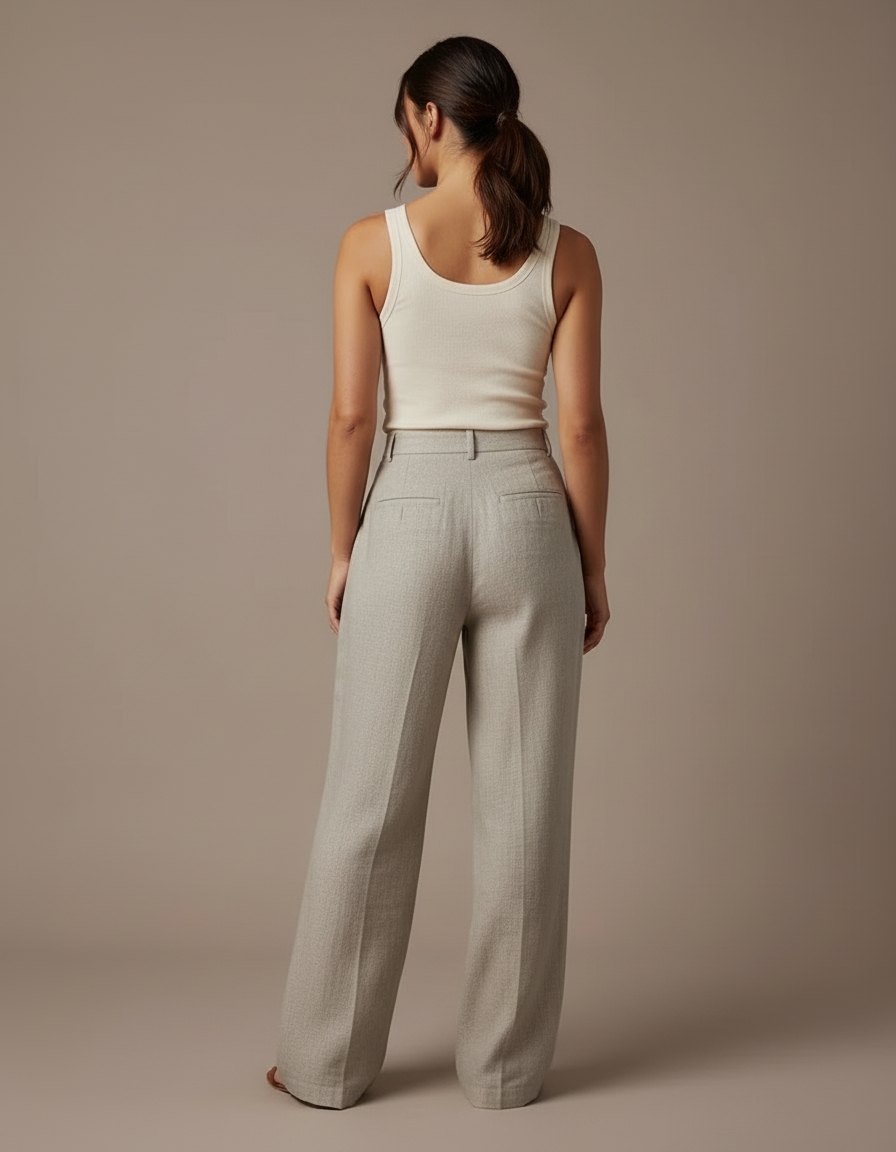 Pantalon Beige Large Fluide Lin Élégant Femme - Gris - vue 2