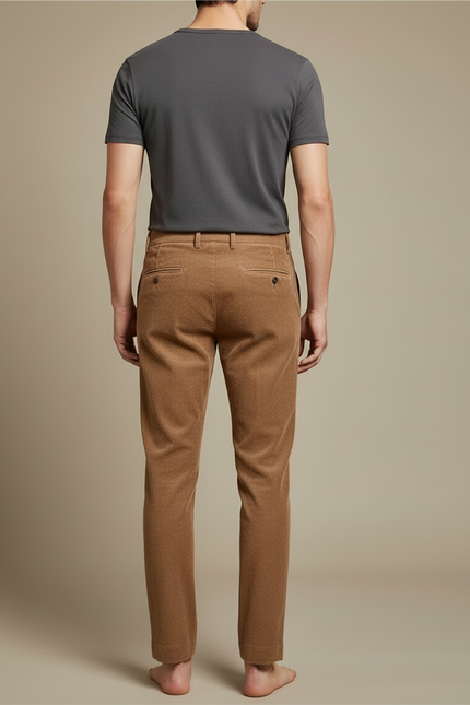 Pantalon Beige Côtelé Plissé Décontracté Homme Élastique - Camel Cordé - vue 2