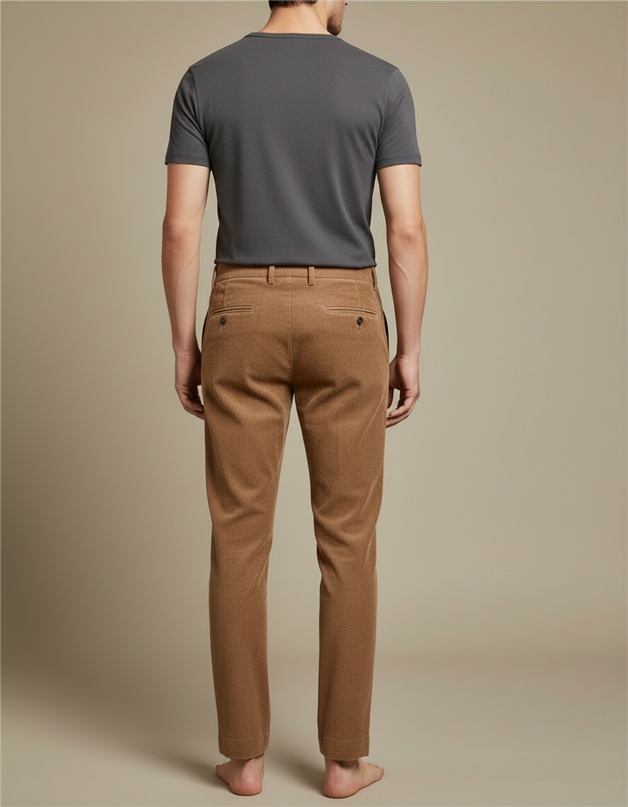 Pantalon Beige Côtelé Plissé Décontracté Homme Élastique - Camel Cordé - vue 2