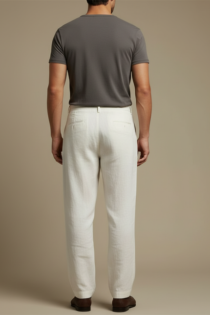 Pantalon Beige Lin Ample Plissé Décontracté Homme - vue 2