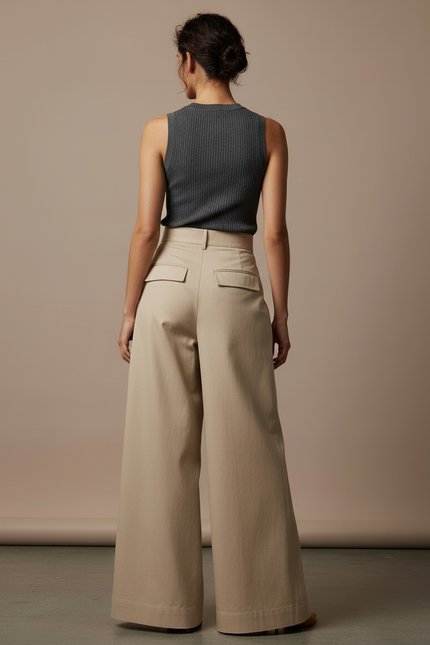 Pantalon Beige Ample Coton Plissé Taille Haute Femme - Gabardine - vue 2