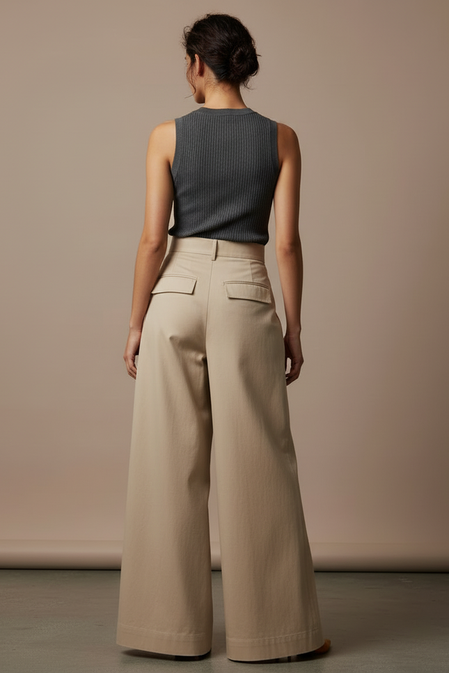 Pantalon Beige Ample Coton Plissé Taille Haute Femme - Gabardine - vue 2