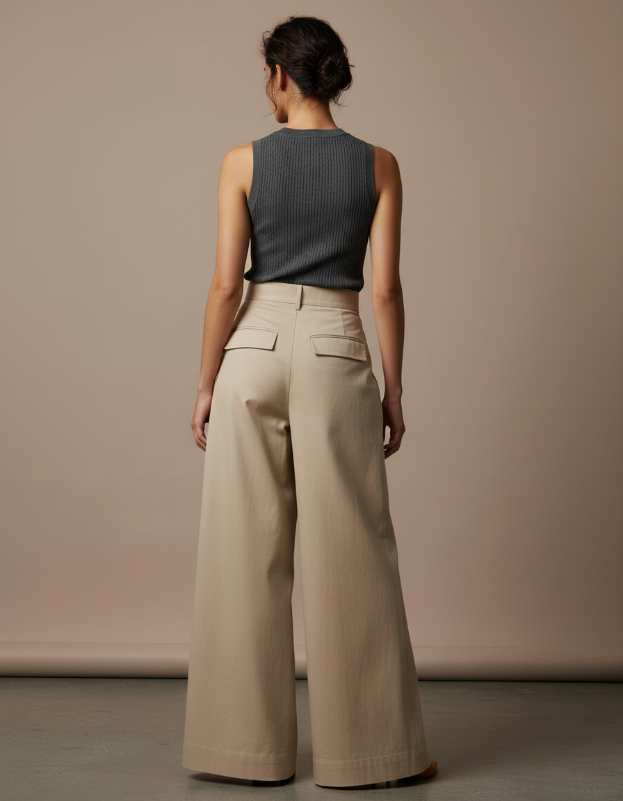 Pantalon Beige Ample Coton Plissé Taille Haute Femme - Gabardine - vue 2