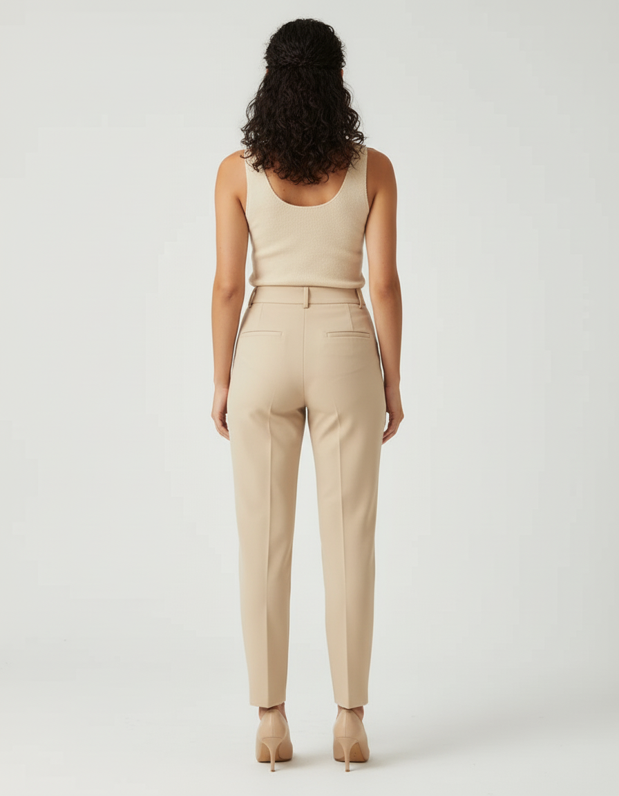 Pantalon Beige Taille Haute Slim Élégant Femme - Gabardine - vue 2