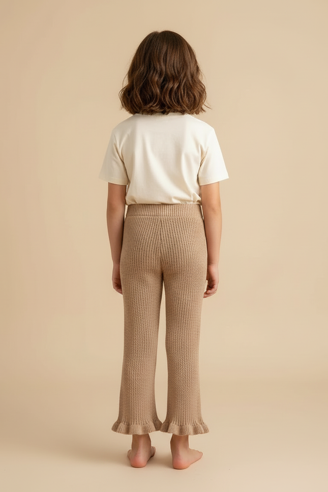 Pantalon Beige Tricoté Évasé Volants Fille Confortable - Maille - vue 2