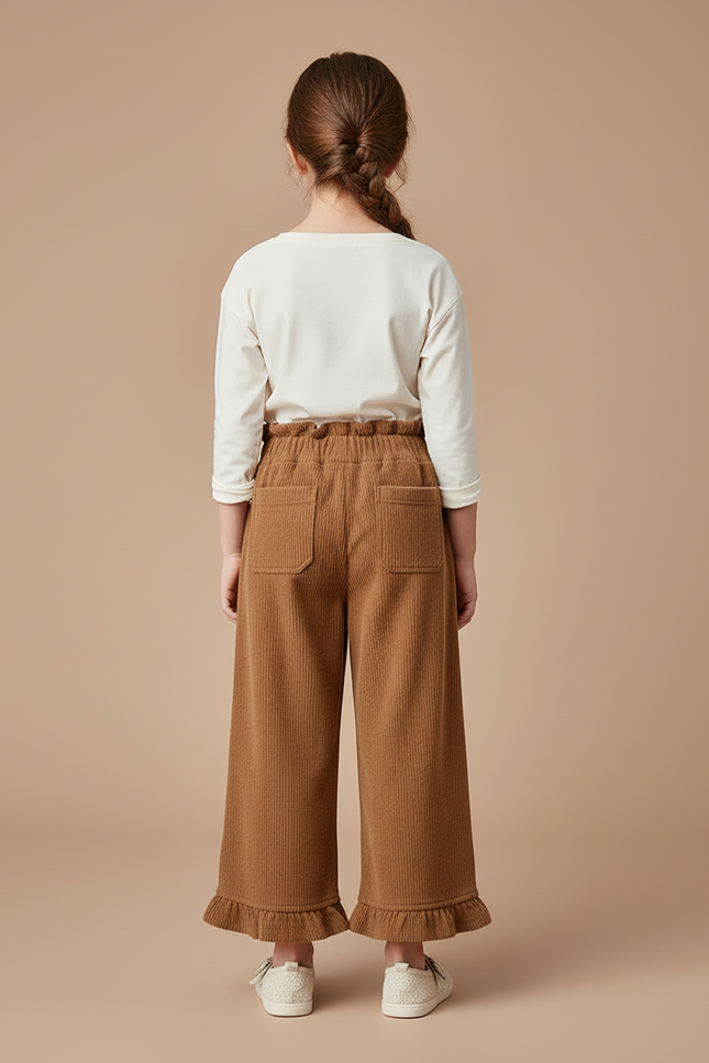 Pantalon Beige Côtelé Brodé Ample Fille Coréen - Marron Cordé - vue 2
