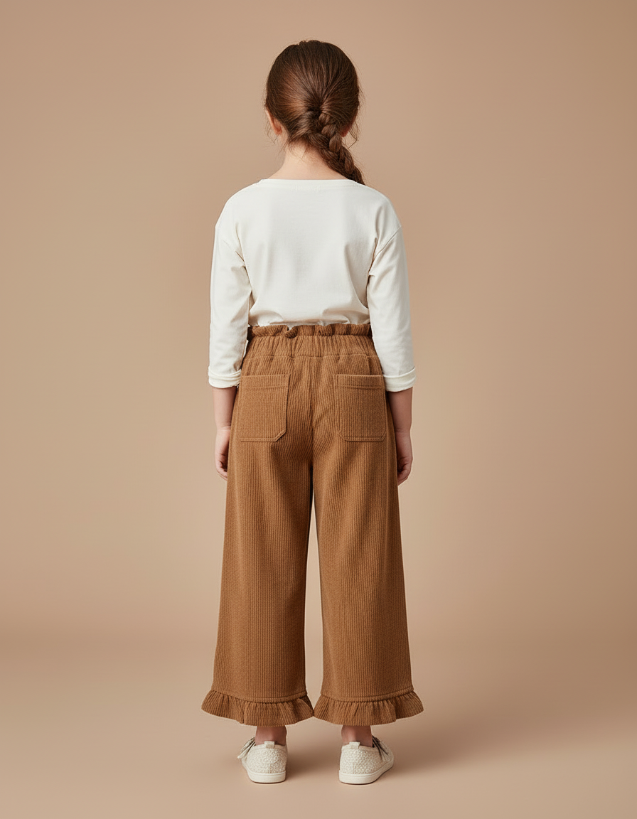 Pantalon Beige Côtelé Brodé Ample Fille Coréen - Marron Cordé - vue 2