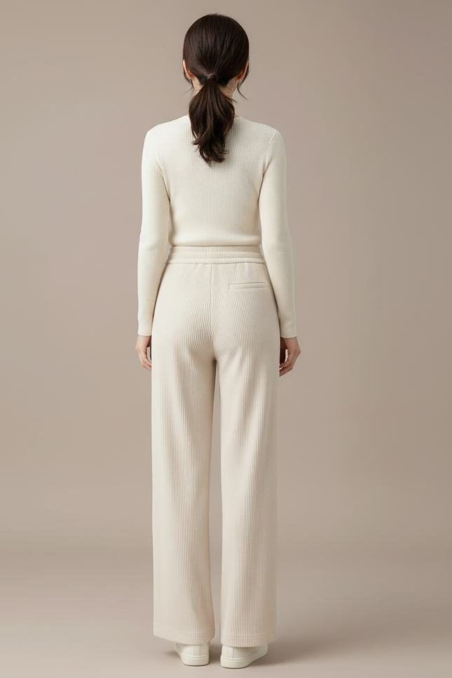 Pantalon Beige Côtelé Droit Ample Décontracté Cordon - Cordé - vue 2
