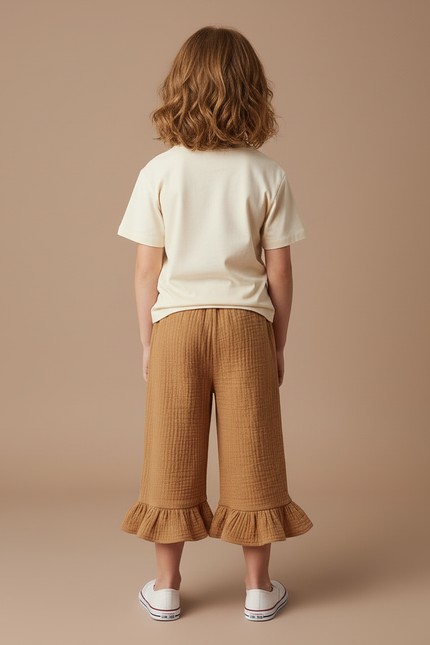 Pantalon Beige Ample Gaze De Coton Volanté Enfant - Camel - vue 2