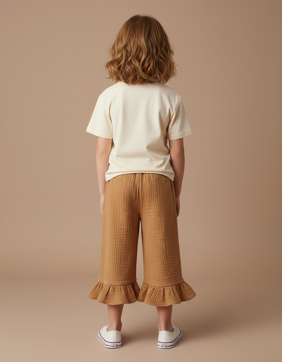 Pantalon Beige Ample Gaze De Coton Volanté Enfant - Camel - vue 2