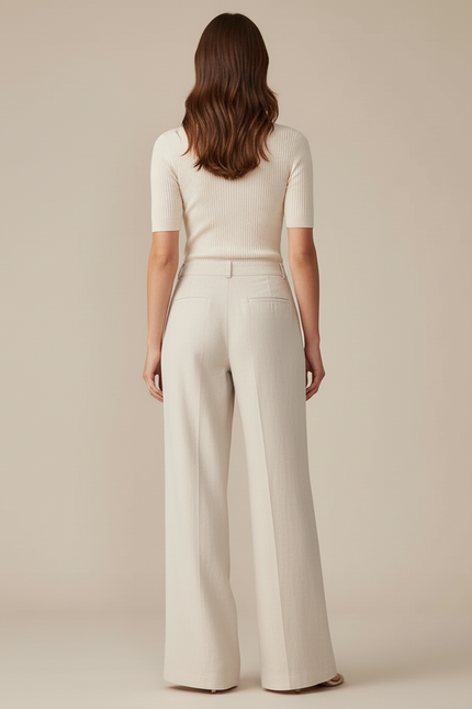 Pantalon Beige Lin Ample Taille Haute Droit Élégant - vue 2
