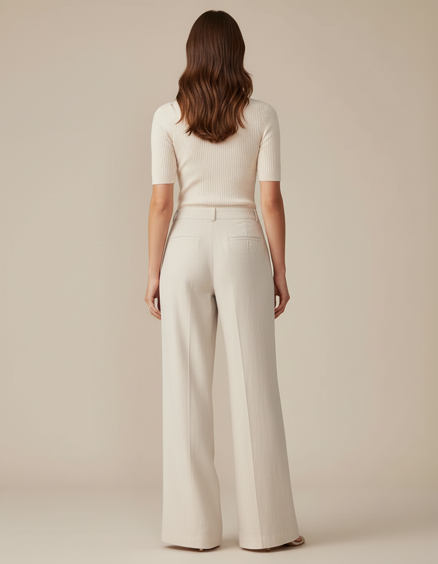 Pantalon Beige Lin Ample Taille Haute Droit Élégant - vue 2