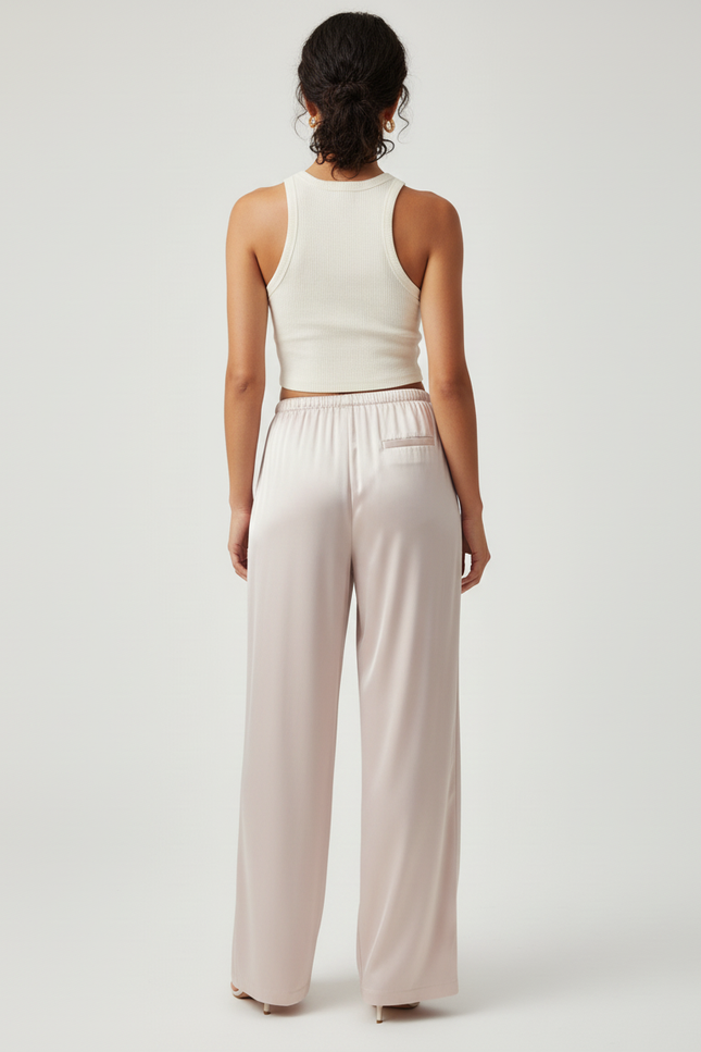 Pantalon Beige Satiné Fluide Ample Taille Haute - vue 2