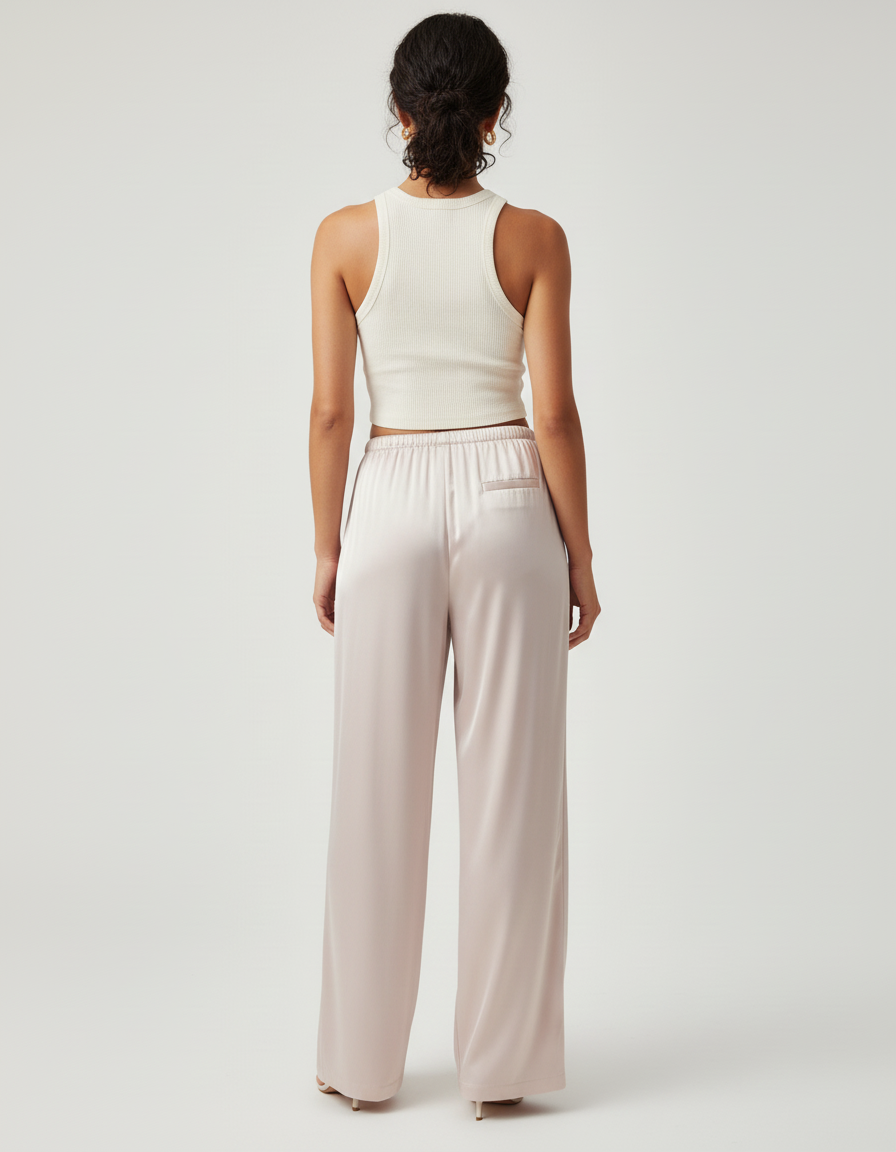 Pantalon Beige Satiné Fluide Ample Taille Haute - vue 2