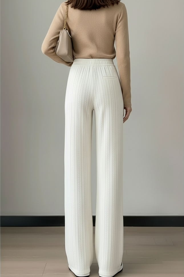 Pantalon Beige Ample Tricoté Taille Élastique - Blanc Maille - vue 2