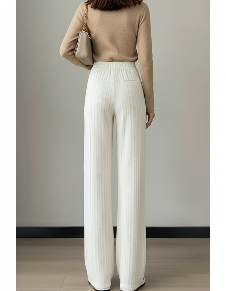 Pantalon Beige Ample Tricoté Taille Élastique - Blanc Maille - vue 2