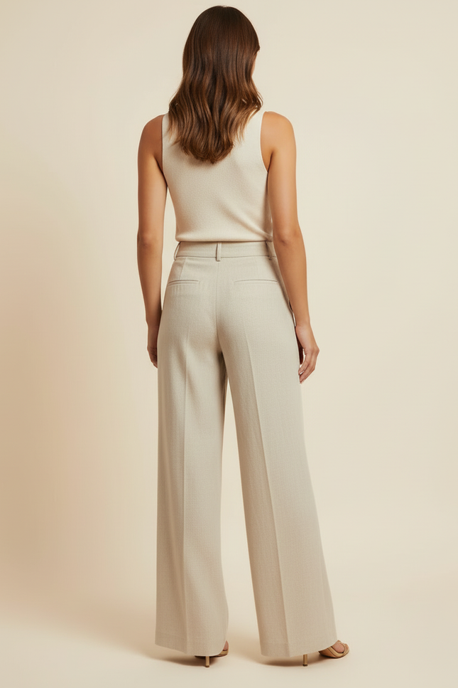 Pantalon Beige Plissé Fluide Taille Haute Fendu - Lin - vue 2
