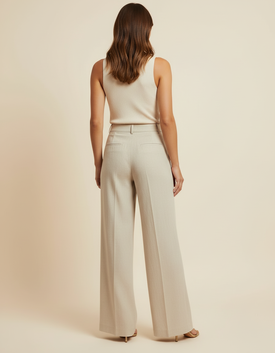 Pantalon Beige Plissé Fluide Taille Haute Fendu - Lin - vue 2