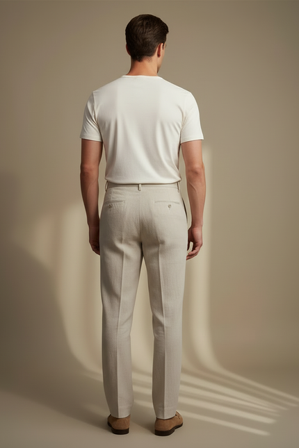 Pantalon Beige Plissé Droit Élégant Homme Coton - Lin - vue 2