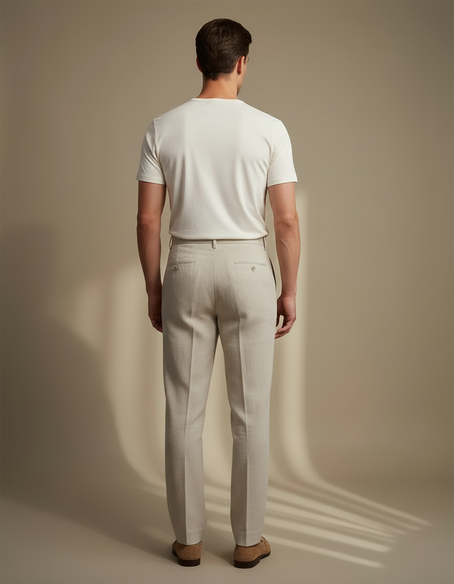 Pantalon Beige Plissé Droit Élégant Homme Coton - Lin - vue 2