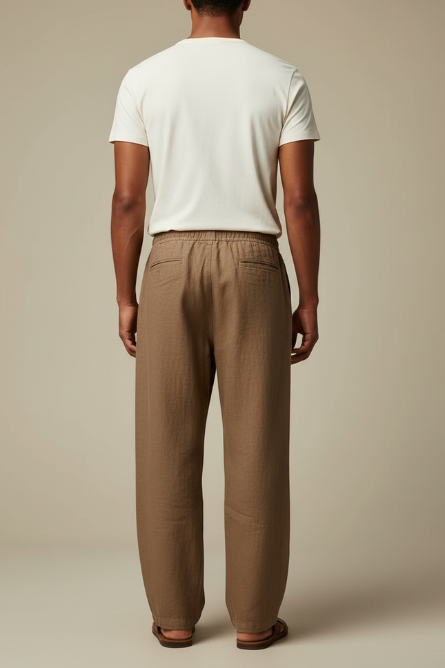 Pantalon Beige Homme Lin Ample Décontracté Cordon - Marron - vue 2