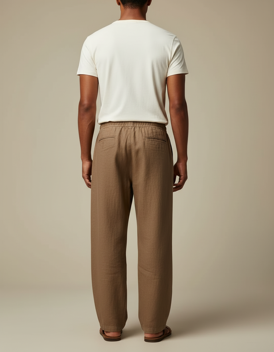 Pantalon Beige Homme Lin Ample Décontracté Cordon - Marron - vue 2