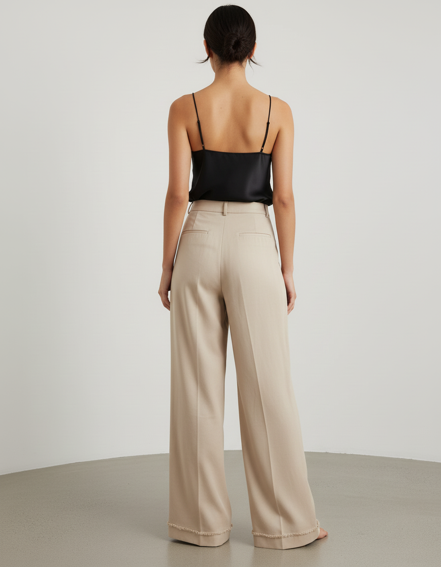 Pantalon Beige Plissé Ample Taille Haute Fluide - Blanc Viscose - vue 2