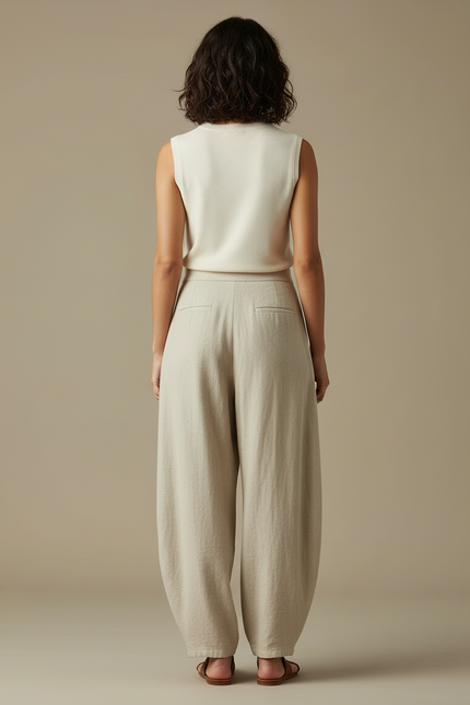 Pantalon Beige Ample Lin Coton Vintage Élastique - vue 2