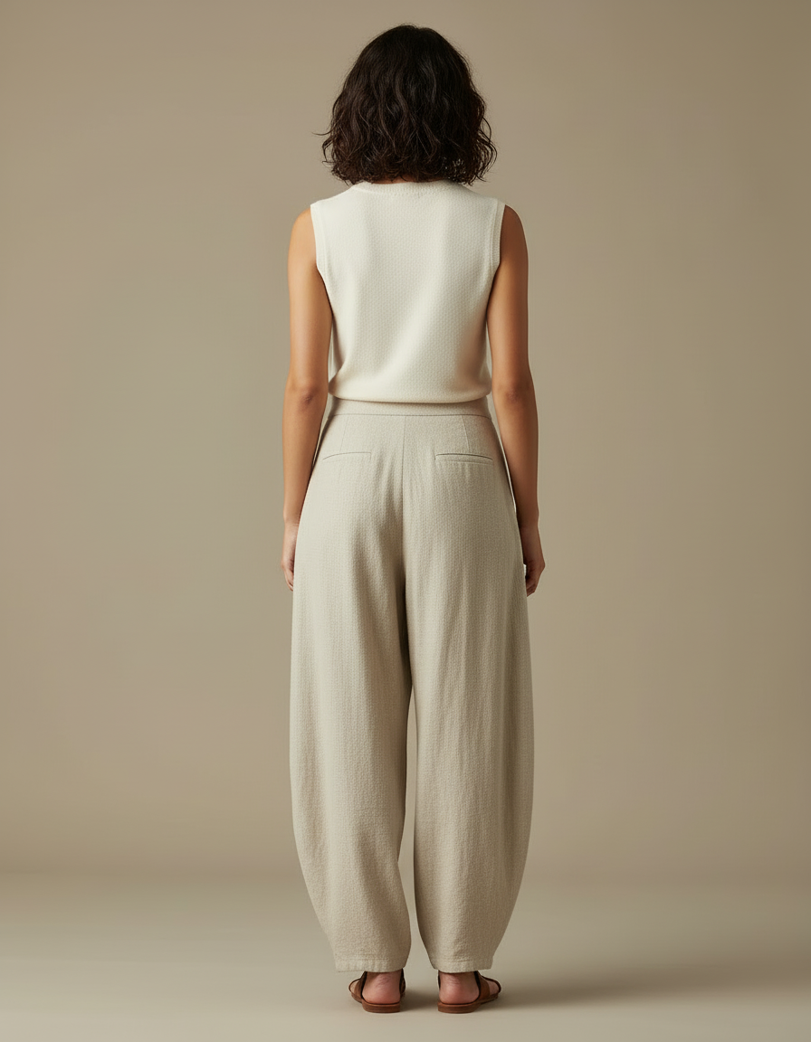 Pantalon Beige Ample Lin Coton Vintage Élastique - vue 2
