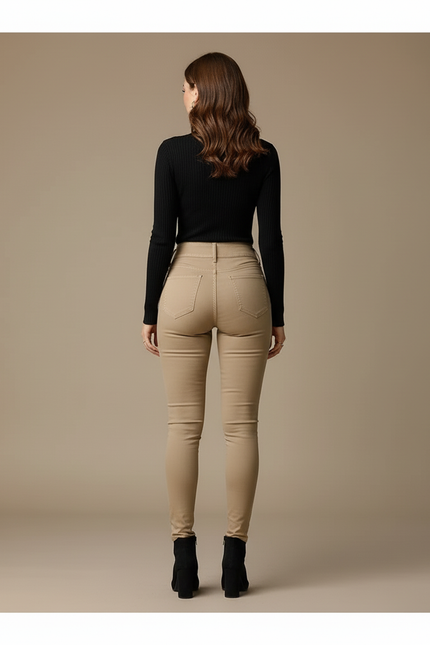 Pantalon Beige Taille Haute Slim Coton Stretch Femme - vue 2