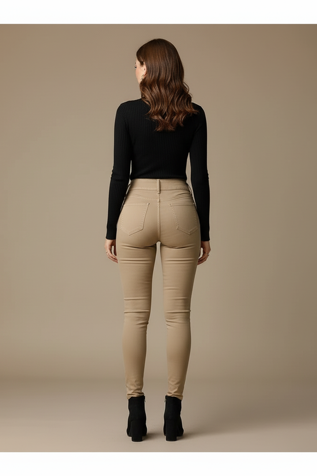 Pantalon Beige Taille Haute Slim Coton Stretch Femme - vue 2