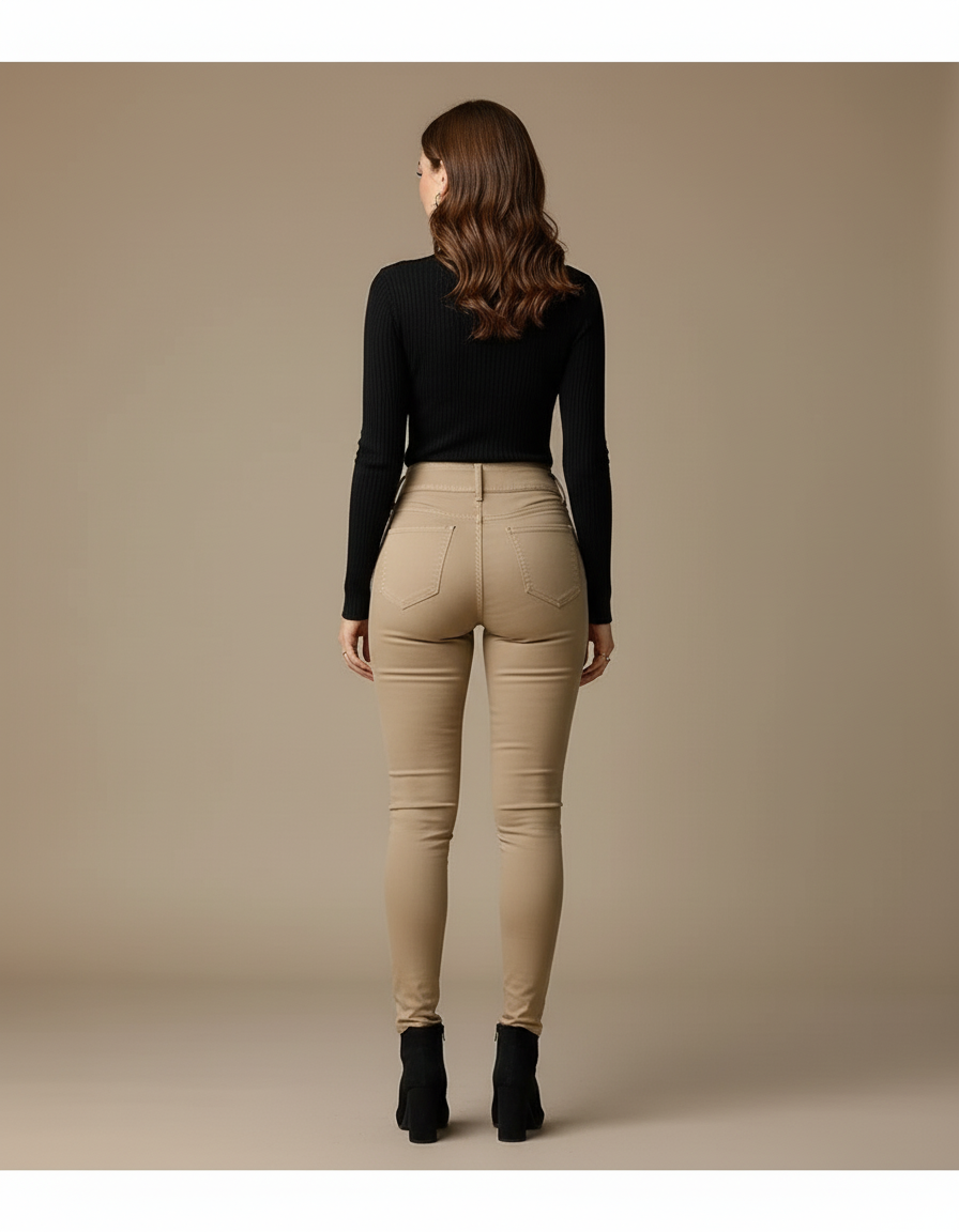 Pantalon Beige Taille Haute Slim Coton Stretch Femme - vue 2