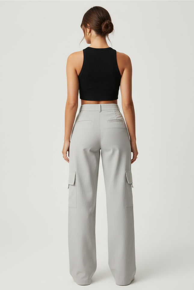 Pantalon Beige Cargo Ample Taille Haute Décontracté - Gris Gabardine - vue 2