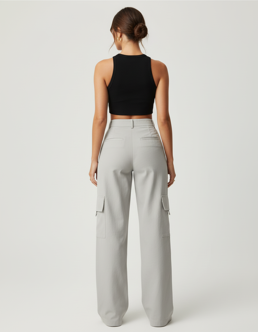 Pantalon Beige Cargo Ample Taille Haute Décontracté - Gris Gabardine - vue 2