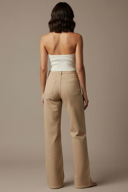 Pantalon Beige Droit Taille Haute Ample Femme - Jean - vue 2
