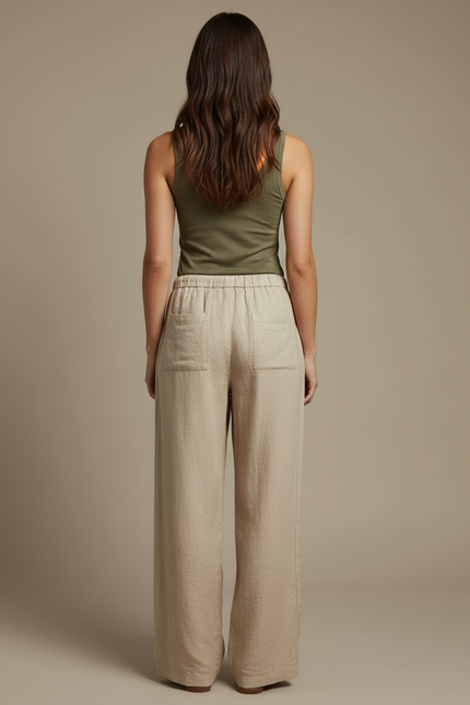 Pantalon Beige Lin Ample Taille Haute Droit - Kaki - vue 2