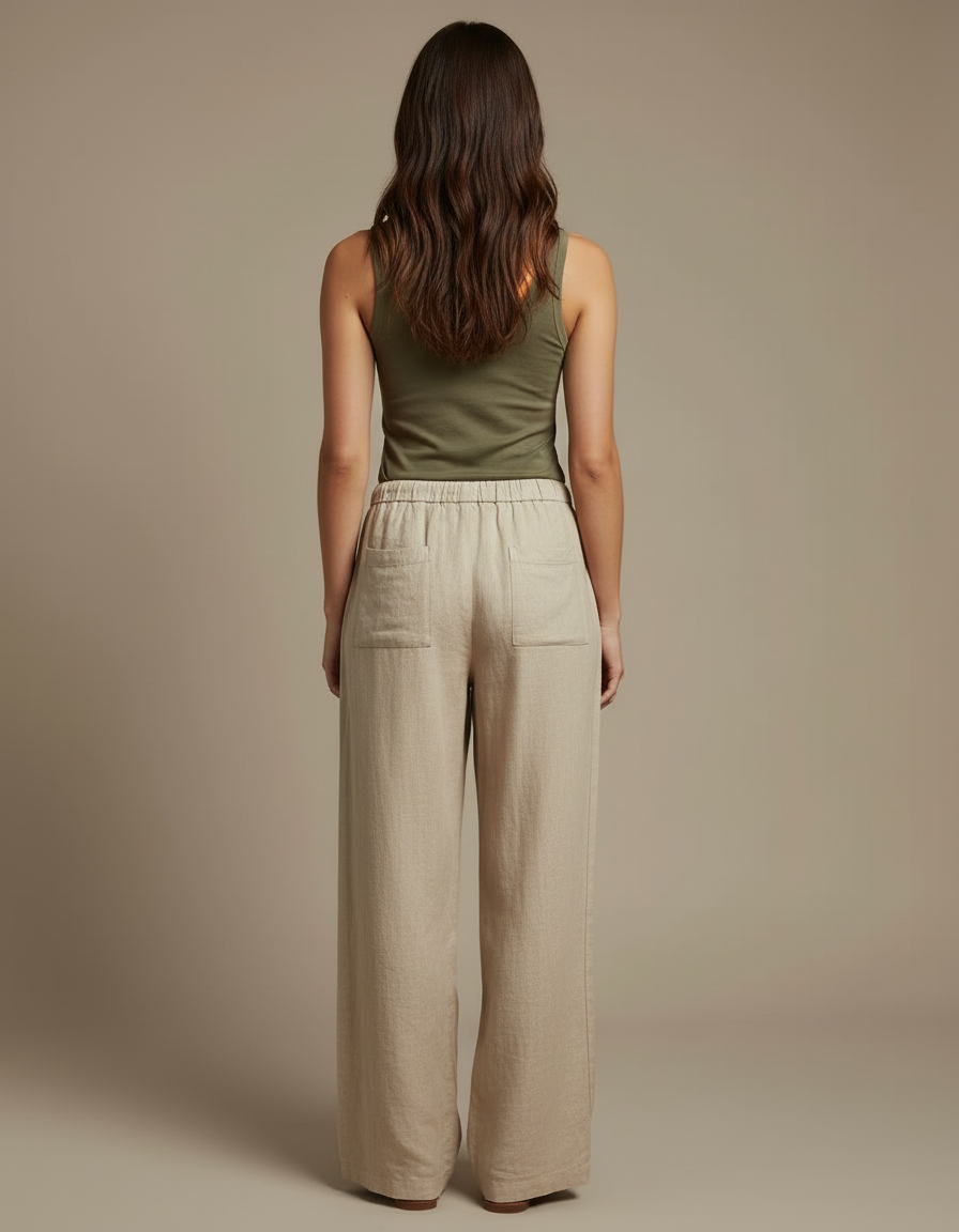 Pantalon Beige Lin Ample Taille Haute Droit - Kaki - vue 2