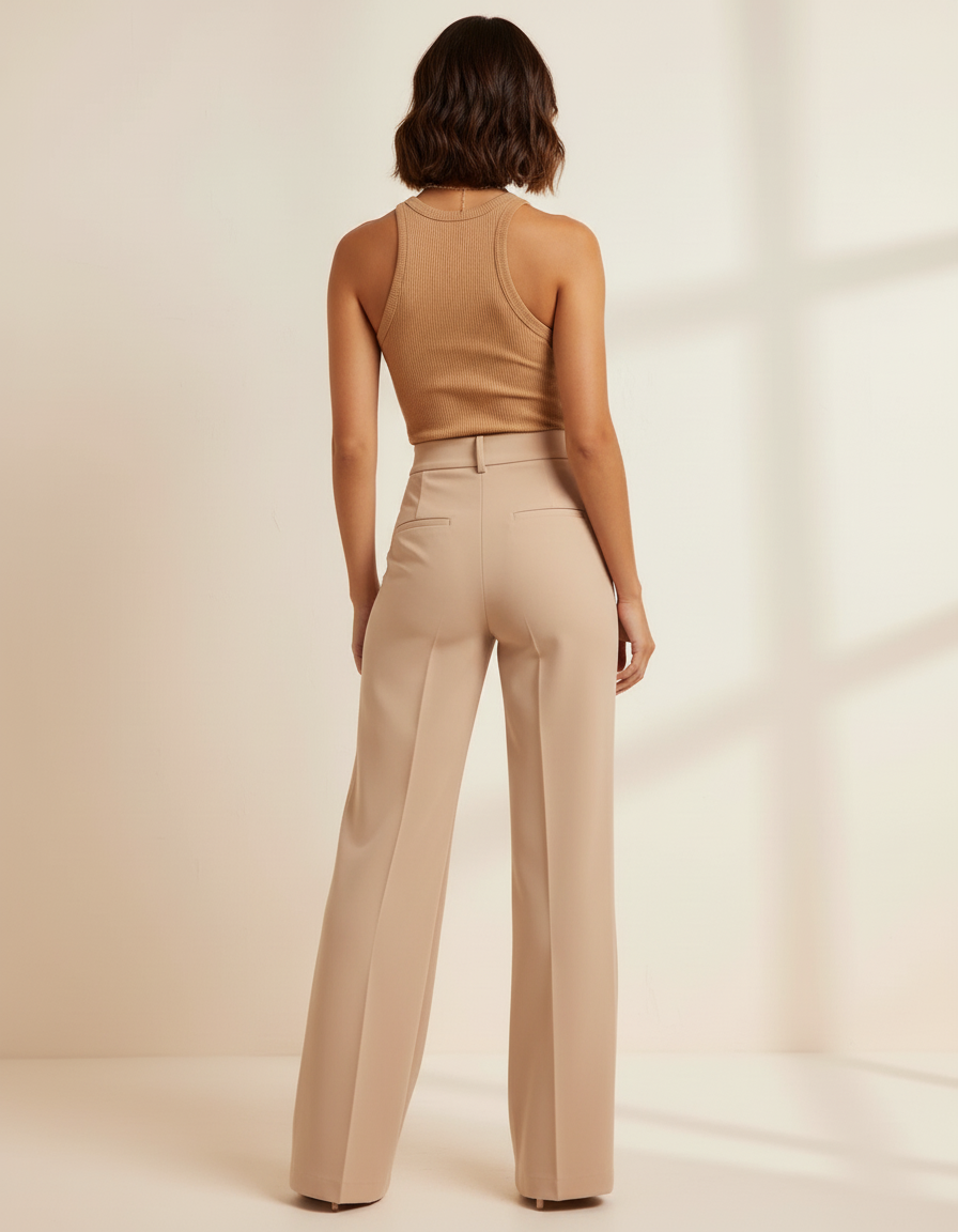 Pantalon Beige Coupe Droite Évasée Taille Haute Chic - Polyester - vue 2