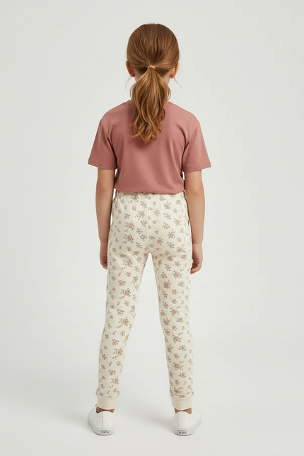 Pantalon Beige Imprimé Floral Coton Élastique Fille - vue 2