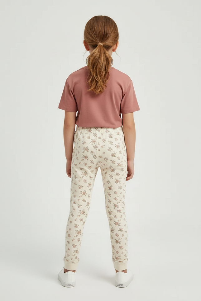 Pantalon Beige Imprimé Floral Coton Élastique Fille - vue 2