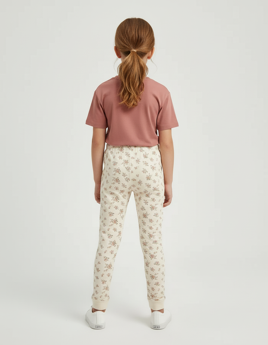 Pantalon Beige Imprimé Floral Coton Élastique Fille - vue 2