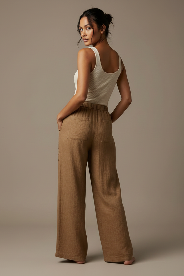 Pantalon Beige Fluide Lin Brodé Floral Ample - Marron - vue 2