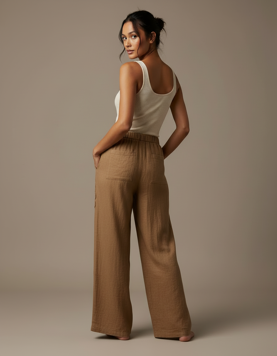 Pantalon Beige Fluide Lin Brodé Floral Ample - Marron - vue 2
